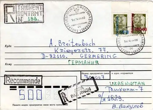 Usbekistan 1994, Einschreiben Brief v. Taschkent m. 2-sprach. Luftpost R-Stpl. 