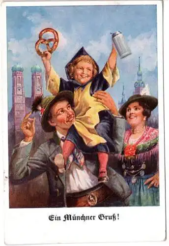 München, Ein Münchner Gruß m. Münch. Kindl  u. Frauenkirche, 1941 gebr. Farb-AK.