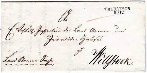 Preussen 1833, L2 Trebatsch klar auf Armensache Brief n. Wittstock