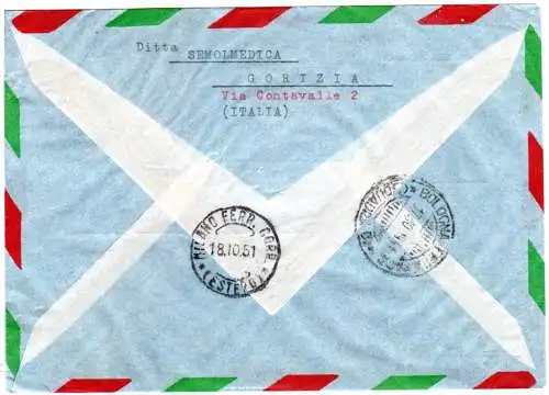Italien 1951, MeF 3x50 L. auf Luftpost Einschreiben Brief v. Bologna n. Dänemark