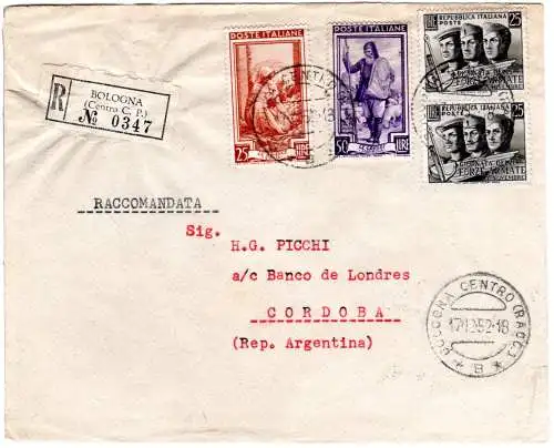 Italien 1952, 4 Marken auf Einschreiben Brief v. Bologna n. Argentinien