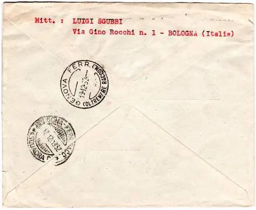 Italien 1952, 4 Marken auf Einschreiben Brief v. Bologna n. Argentinien