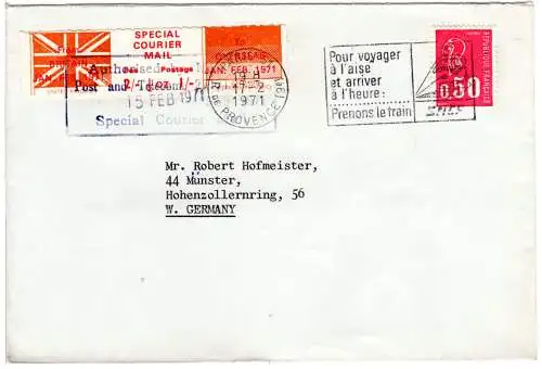 GB 1971, Emergency post strike cover with France 0,50 F. from London to Germany