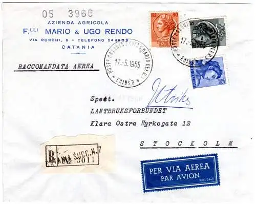 Italien 1965, 5+80+115 L. auf Luftpost Einschreiben Brief v. Catania n. Schweden