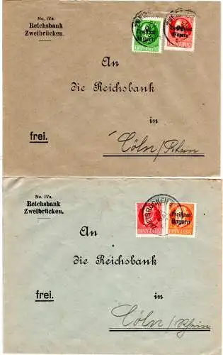 Bayern 1919/20, 2 Reichsbank Briefe m. versch. Frankaturen v. Zweibrücken 