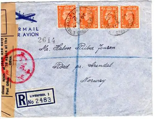 GB 1961, 4x2d auf Luftpost Einschreiben Brief m. Devisenzensur v. Liverpool
