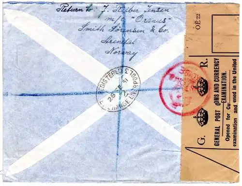GB 1961, 4x2d auf Luftpost Einschreiben Brief m. Devisenzensur v. Liverpool