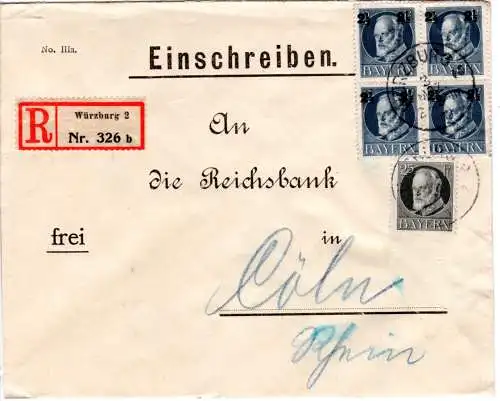 Bayern 1917, 25+4er-Block 2 1/2/2 Pf. auf Reichsbank Reko-Brief v. Würzburg