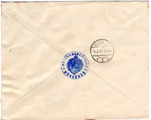 Bayern 1917, 25+4er-Block 2 1/2/2 Pf. auf Reichsbank Reko-Brief v. Würzburg