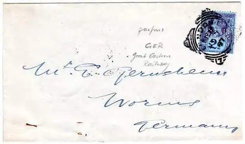 GB 1897, 2 1/2 d m. perfin auf Brief v. London n. Worms, Deutschland