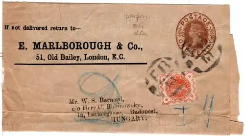GB 1896, 1/2 d m. perfin als Zusatzfr. auf 1d Streifband Ganzsache n. Ungarn
