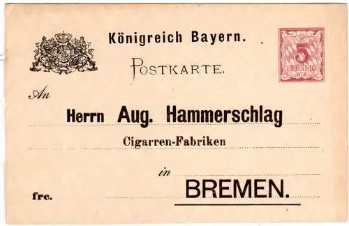 Bayern, ungebr. 5 Pf. Ga m. Zigarren Bestellzudruck an Fa. Hammerschlag Bremen