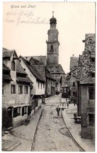 Gruss aus Lauf, Strassenansicht m. Personen u. Seiferei, 1914 gebr. sw-AK.