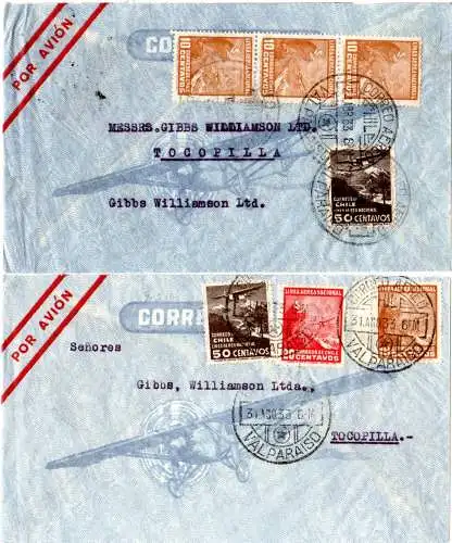 Chile 1933, 2 Luftpost Briefe m. Flug Frankaturen v. Valparaiso n. Tocopilla