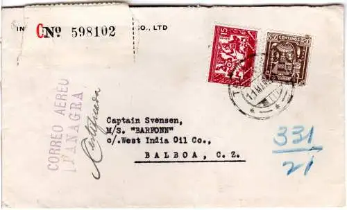 Peru 1933, 15+50 C. auf Luftpost Reko Brief v. Talara n. Balboa, Canal Zone