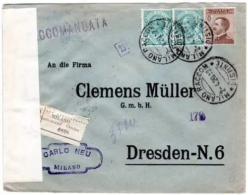 Italien 1920, 40+2x5 C. auf Einschreiben Brief v. Milano m. deutscher Zensur