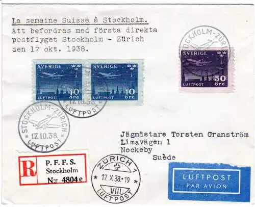 Schweden 1938, 50+2x10 öre auf Reko Erstflug Brief Stockholm-Zürich Schweiz