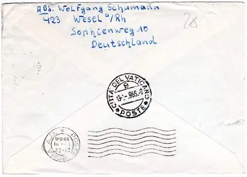 BRD 1966, Brief v. Wesel a/Rh. an Papst Paul VI., Vatikan, Rom Italia