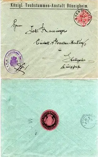Württemberg 1897, 10 Pf. Amtl. Verk. auf Brief d. Taubstummen-Anstalt Bönnigheim