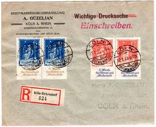 DR 1923, 6 u. 12 Mk. Zuschlagswerte je im Paar auf Reko Brief v. Köln-Bickendorf