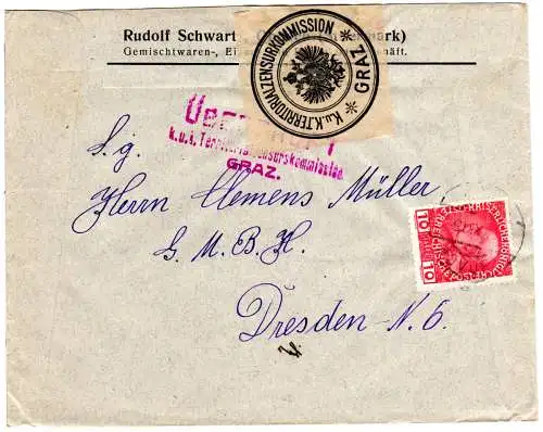 Österreich 1915, 10 H. auf Steiermark Firmenbrief v. Obdach m. Graz Zensur