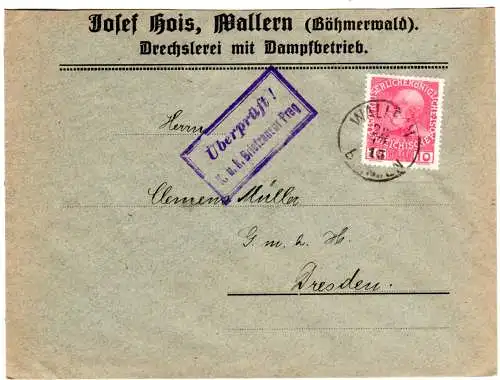Österreich 1915, 10 H. auf Böhmen Firmenbrief v. Wallern  m. Prag Zensur