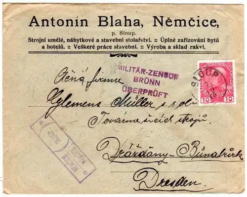 Österreich 1916, 10 H. auf Firmenbrief v. Sloup m. Brünn Zensur n. Dresden