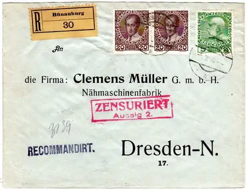 Österreich 1916, 5+2x20 H. auf Einschreiben Brief v. Bünauburg m. Aussig Zensur 