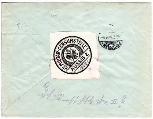 Österreich 1916, 5+2x20 H. auf Einschreiben Brief v. Bünauburg m. Aussig Zensur 