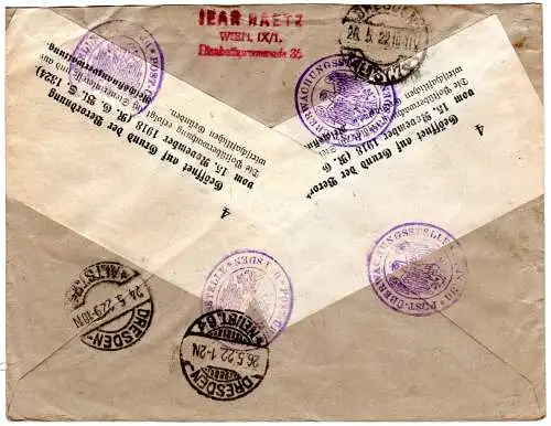 Österreich 1922, 5 Marken auf Einschreiben Zensur Brief v Wien m. Dresden Zensur