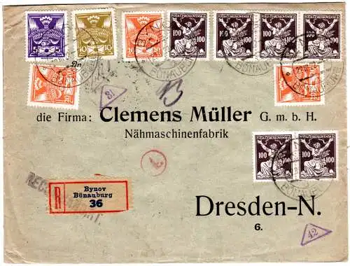 Tschechoslowakei 1922, 11 Marken auf Einschreiben Zensur Brief v. Bünauburg