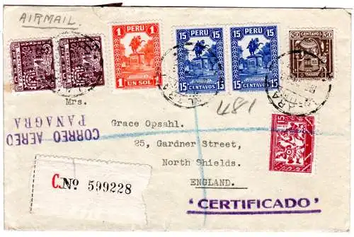 Peru 1933, 7 Marken auf Einschreiben Luftpost Brief v. Talara n. GB