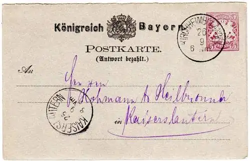 Bayern 1883, 5 Pf. Ga-Antwortteil (P 20 IIF) v. Kirchheimbolanden
