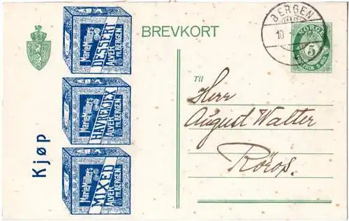 Norwegen 1915, 5 öre Ganzsache v. Bergen m. Reklame-Abb. von Nahrungsmitteln