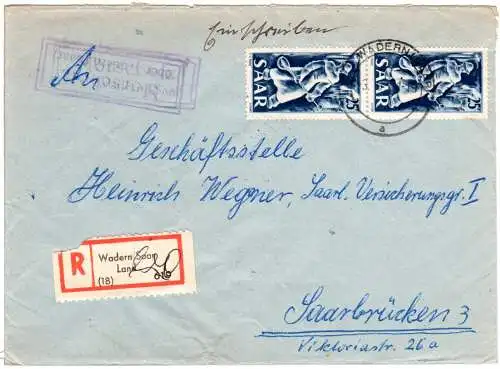 Saar 1951, MeF 2x25 F. auf Reko Brief m. Landpost Stpl. MORSCHOLZ über Wadern