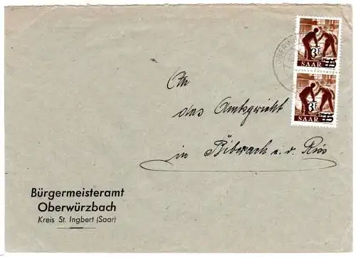 Saar 1948, MeF 2x 3 F./15 Pf. auf Bürgermeister Brief v. Oberwürzbach