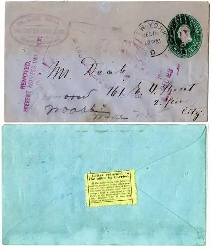 USA 1891, yellow Letter Carrier label on reverse of 2 C. sationery from New York