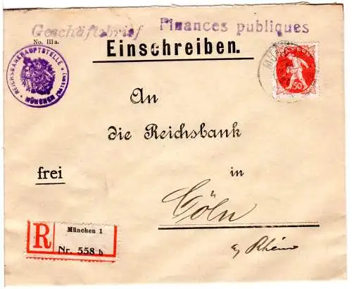 Bayern 1920, 50 Pf. auf Reichsbank Einschreiben Brief v. München n. Köln.