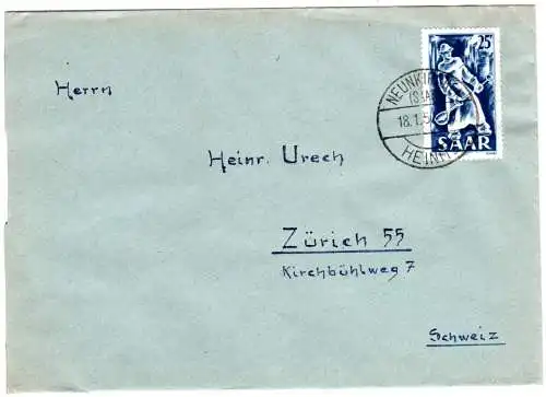 Saar 1950, 25 F. Eisen Industrie auf Auslands Brief v. Neunkirchen i.d. Schweiz