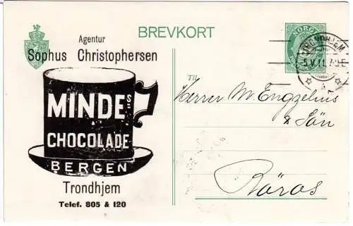 Norwegen 1911, 5 öre Ganzsache m. Trondheim Schokolade Werbung u. Abb. Tasse