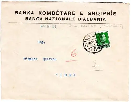 Albanien 1931, 5 Q. auf Bank Orts-Brief v. Tirana