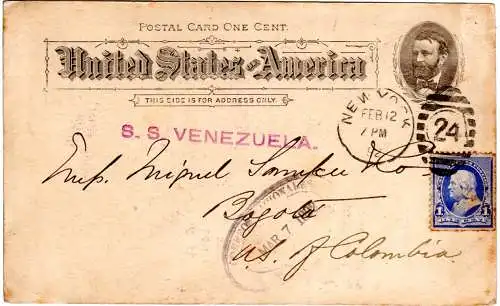 USA 1892, 1 C. auf 1 C. Ganzsache v. NY m. L1 S.S VENEZUELA n. Bogota Kolumbien