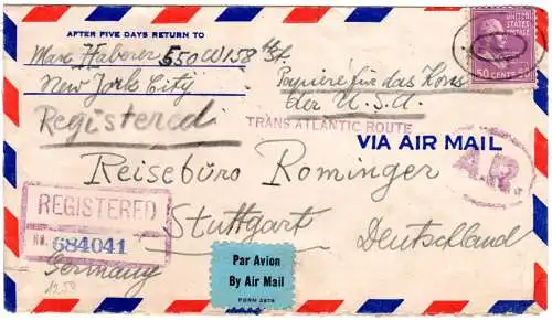 USA 1940, 50 C. auf Luftpost AR Zensur Brief v. NY n. Deutschland