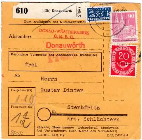 BRD 1952, 90 Pf. Bauten u. 20 Pf. Posthorn auf Paketkarte v. Donauwörth