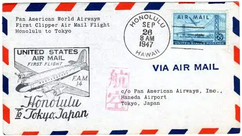 USA 1947, 25 C. auf Pan Am Erstflug Brief v. Honolulu Hawaii n. Japan