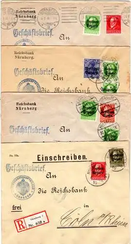 Bayern 1919, 4 Reichsbank Briefe v. Nürnberg m. versch. Frankaturen, 1x Reko