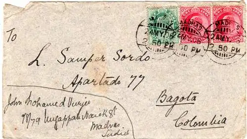 Indien 1906, 1/2+2x 1 A. auf Brief v. Madras n. Bogota Columbia