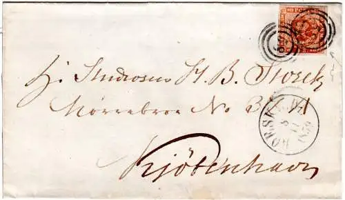 Dänemark 1859, sehr breitrandige 4 Sk auf Brief m. Doppelentwertung 58 Roeskilde
