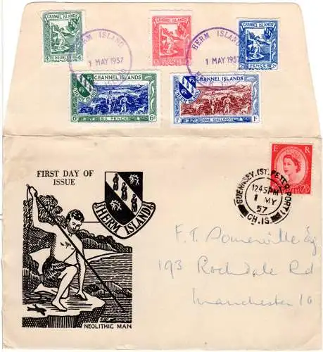 GB 1957, Guernsey, FDC m. 5 Herm Island Channel Islands Marken rücks. 