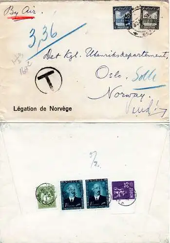 Pakistan 1951, 6+8 A. auf Konsulats Luftpost Brief m. rs. 4 Norwegen Portomarken